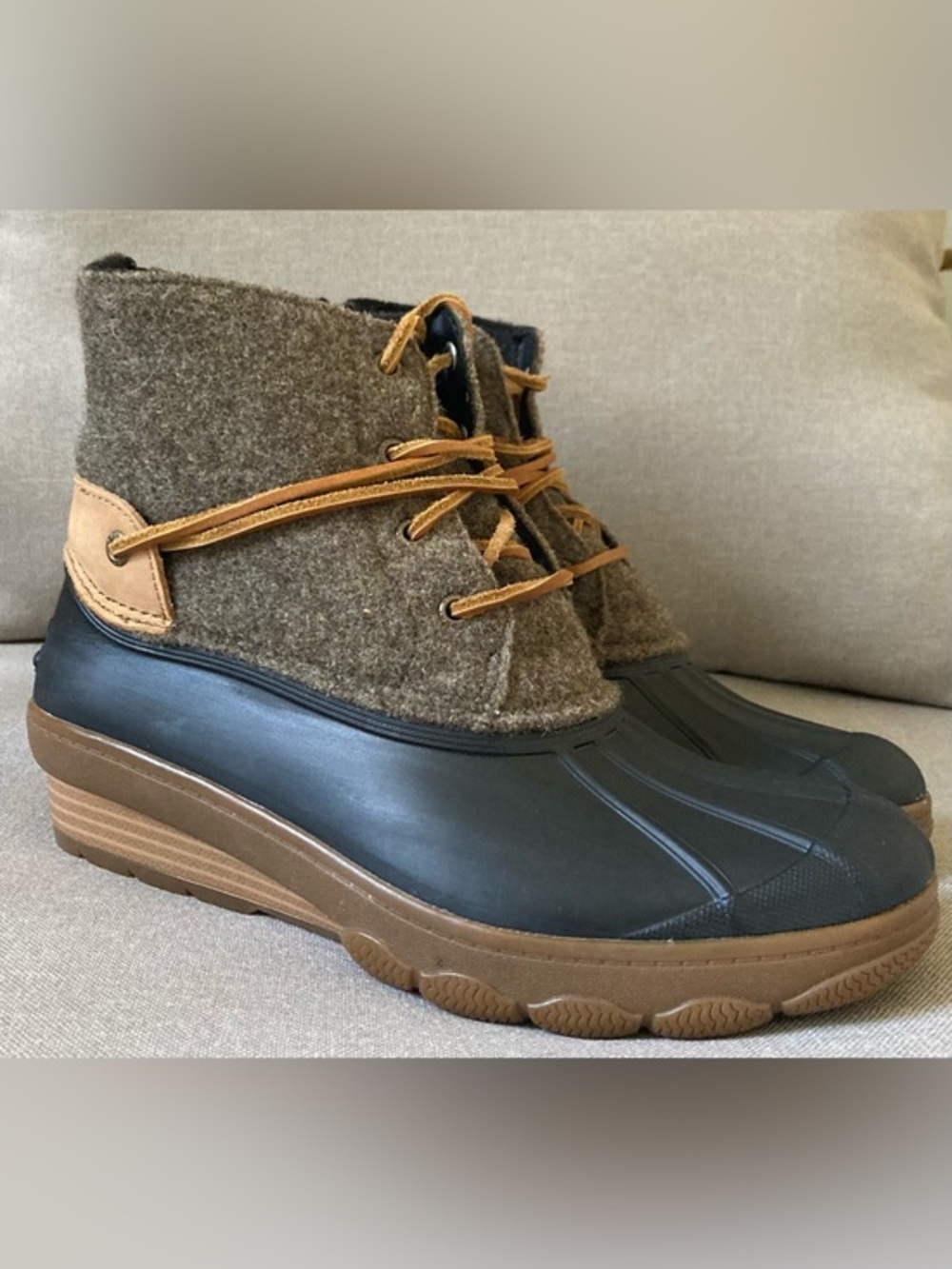 Sperry Saltwater Wedge Tide Wool Duck Boots Gray Navy Women’s 8
